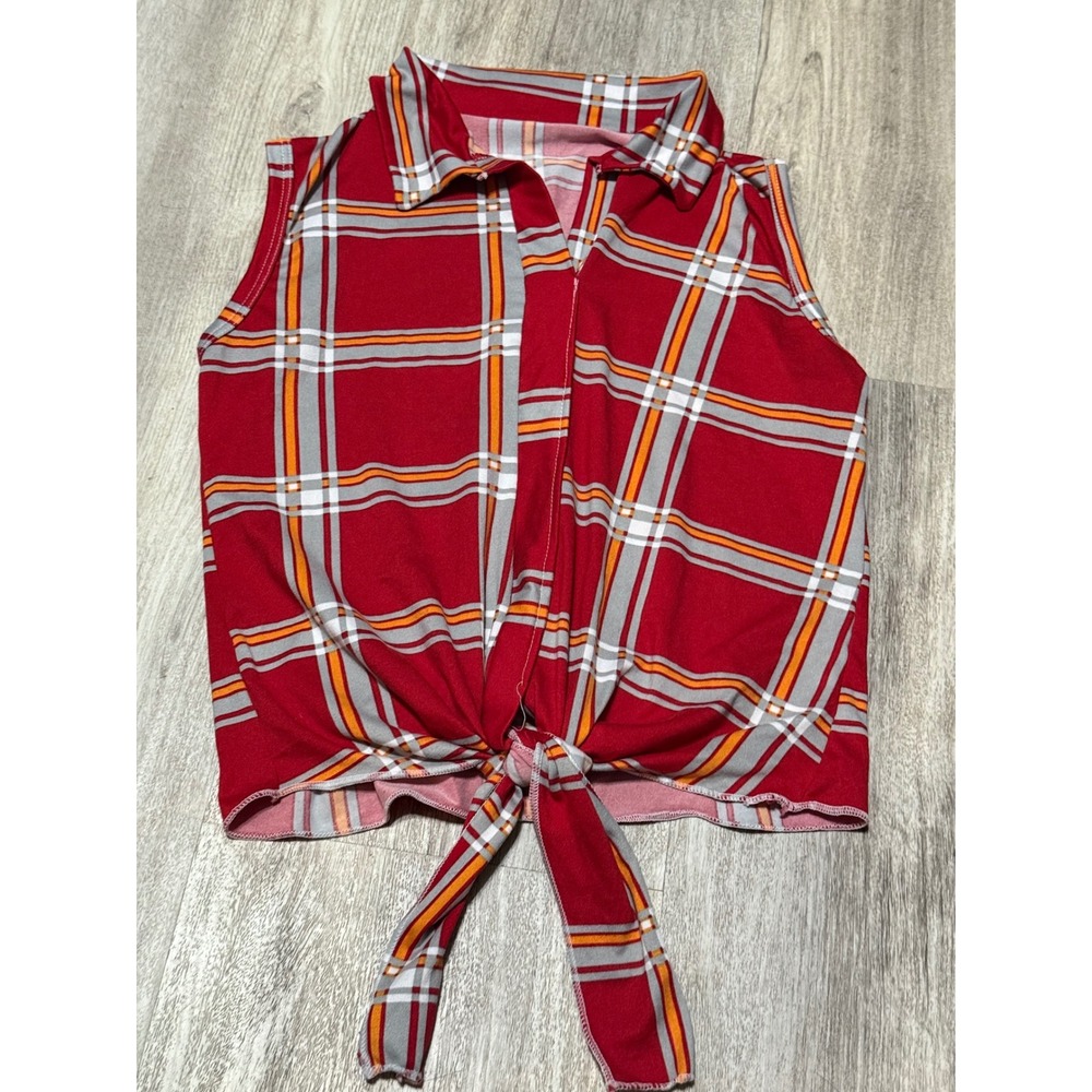 Sleeveless tank Tie-Front Top Plaid Checkered Red Orange Gray Trendy size small
